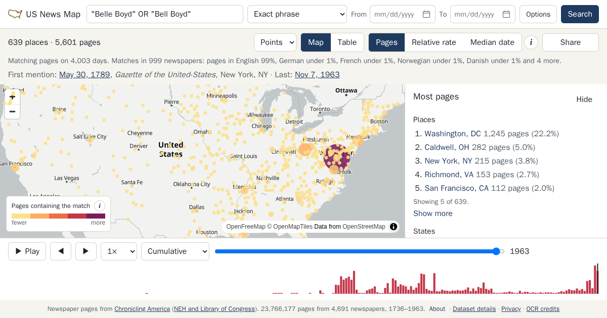 Map and timeline of newspaper matches for "Belle Boyd" OR "Bell Boyd"