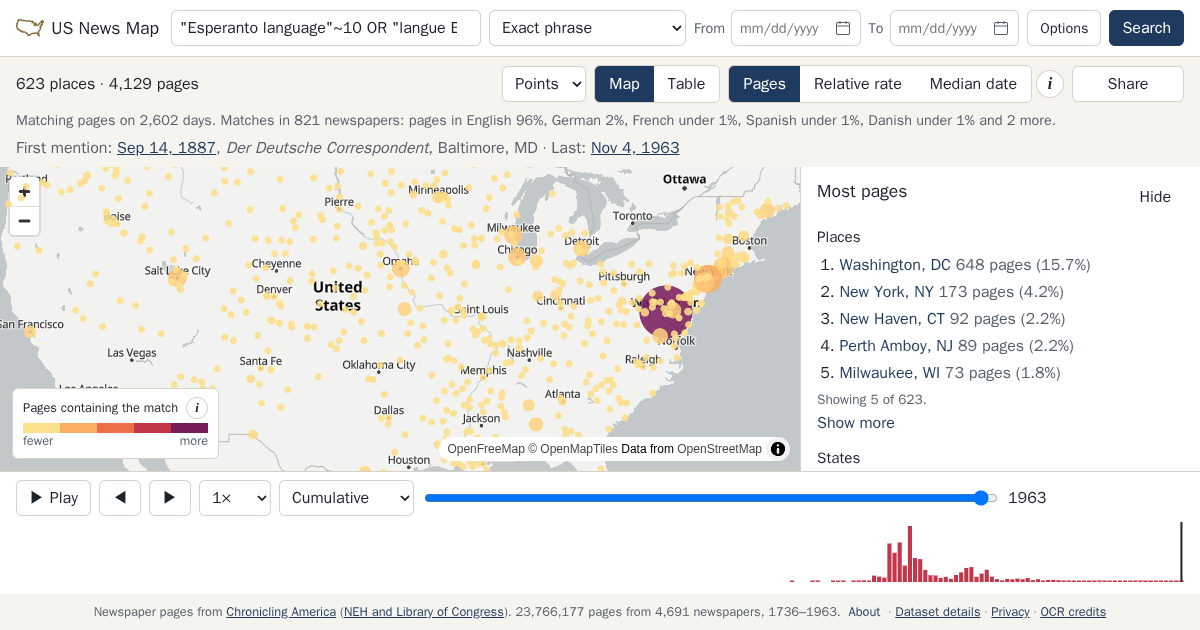 Map and timeline of newspaper matches for "Esperanto language"~10 OR "langue Esperanto"~10 OR "lengua Esperanto"~10 OR "Esperanto Sprache"~10