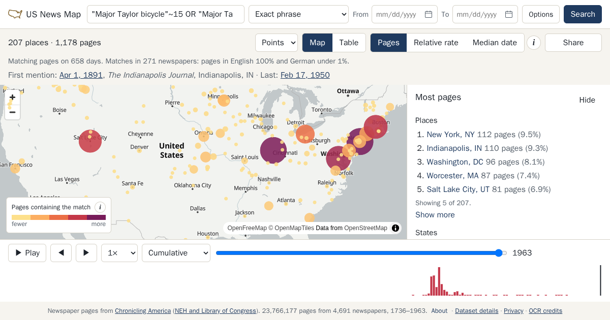 Map and timeline of newspaper matches for "Major Taylor bicycle"~15 OR "Major Taylor cyclist"~10 OR "Major Taylor cycling"~10