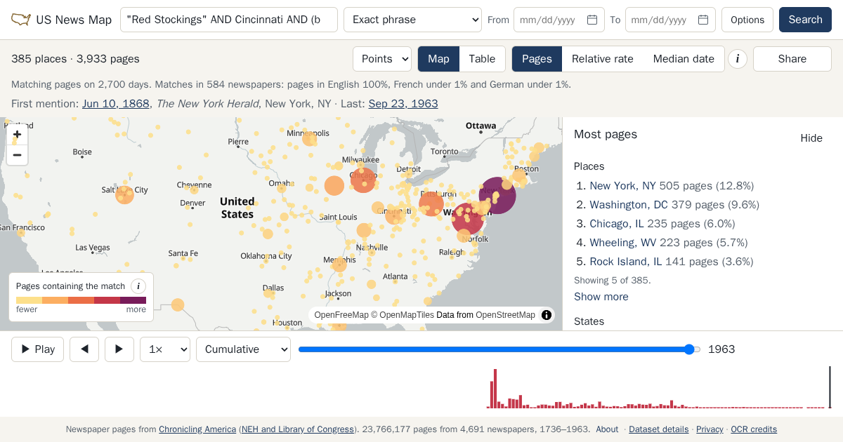Map and timeline of newspaper matches for "Red Stockings" AND Cincinnati AND (baseball OR "base ball")