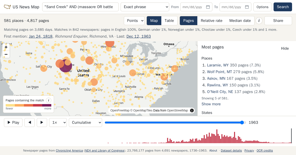 Map and timeline of newspaper matches for "Sand Creek" AND (massacre OR battle OR Chivington)