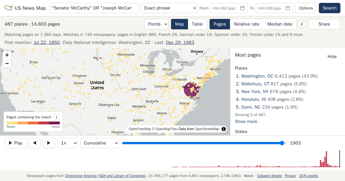 Map and timeline of newspaper matches for "Senator McCarthy" OR "Joseph McCarthy" OR McCarthyism