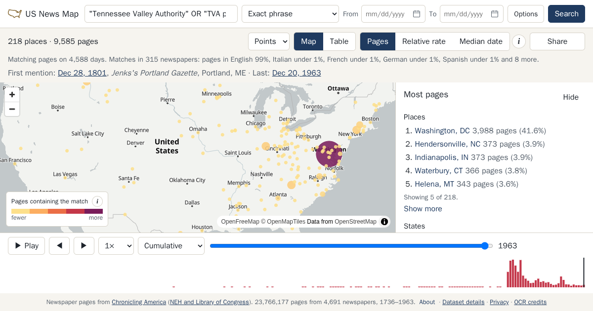 Map and timeline of newspaper matches for "Tennessee Valley Authority" OR "TVA power"~5