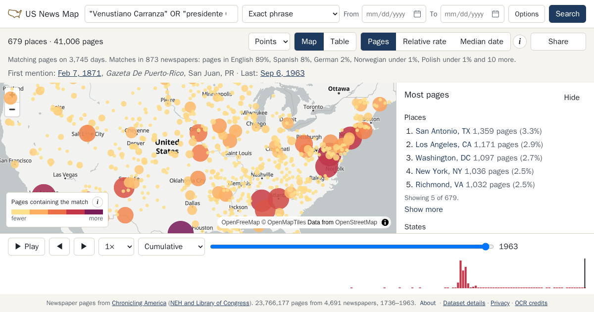 Map and timeline of newspaper matches for "Venustiano Carranza" OR "presidente Carranza"~2 OR "general Carranza"~2