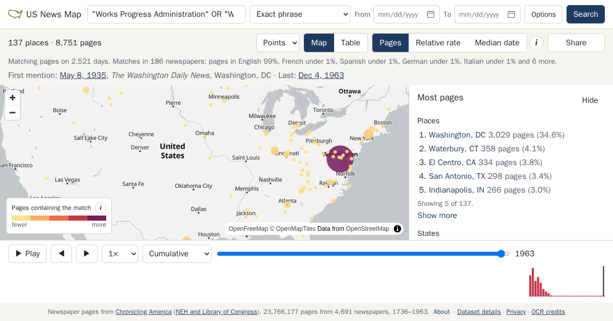 Map and timeline of newspaper matches for "Works Progress Administration" OR "Work Projects Administration"