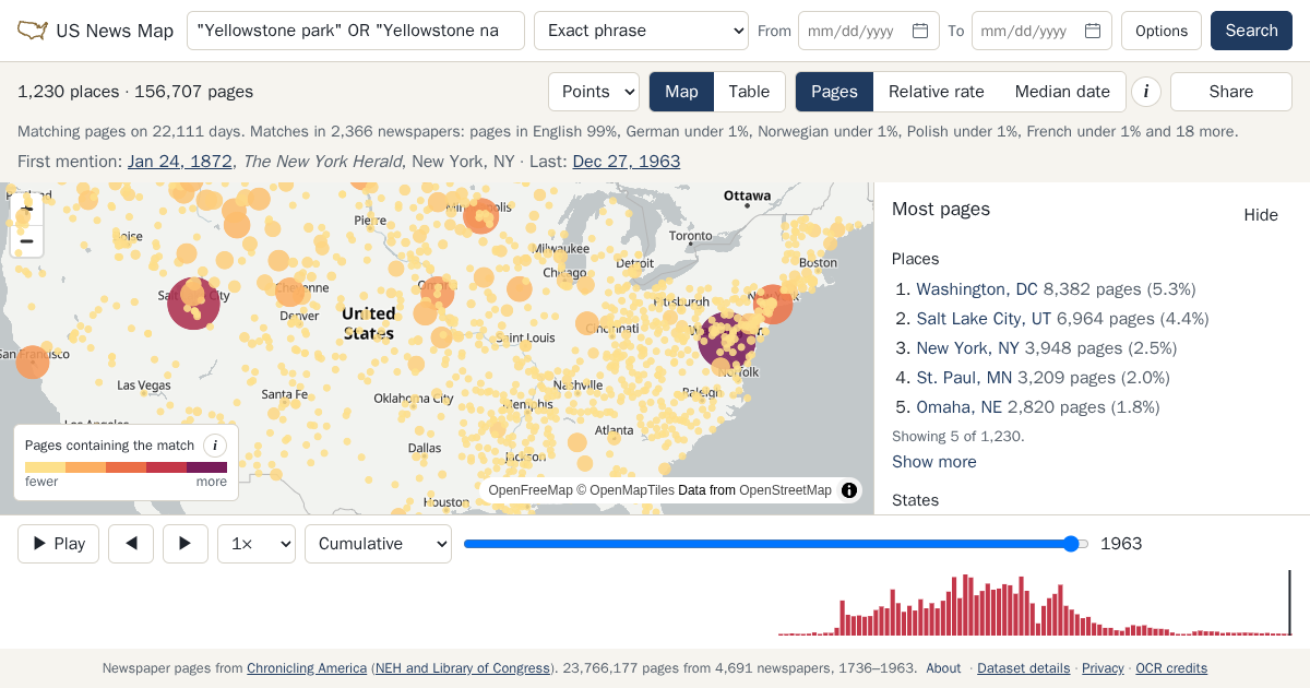 Map and timeline of newspaper matches for "Yellowstone park" OR "Yellowstone national park"