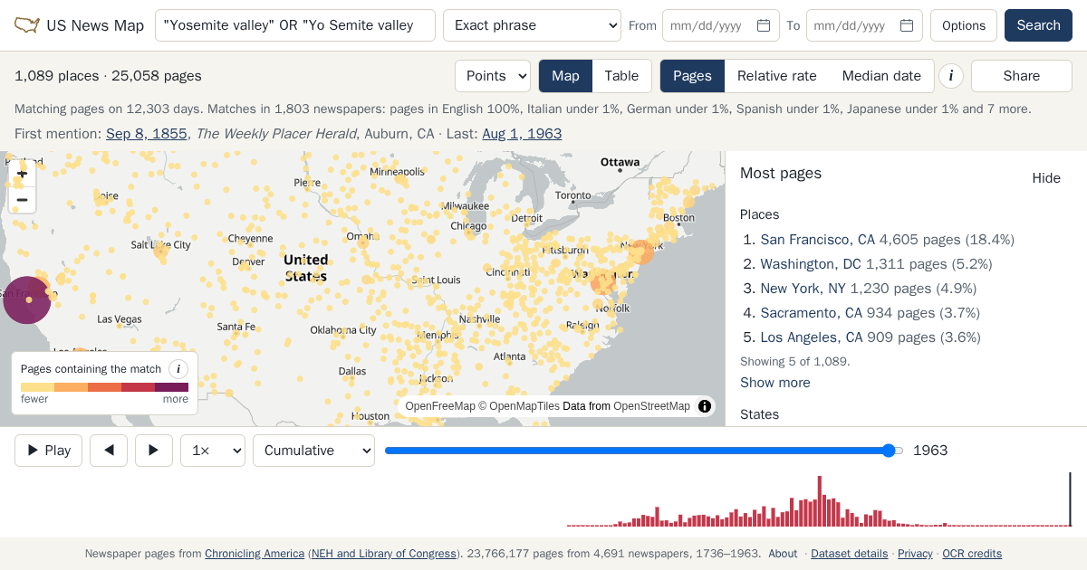 Map and timeline of newspaper matches for "Yosemite valley" OR "Yo Semite valley"