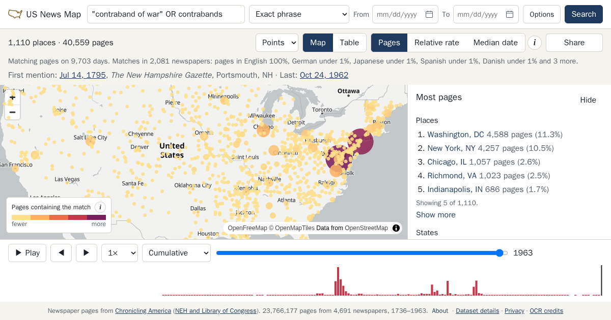 Map and timeline of newspaper matches for "contraband of war" OR contrabands