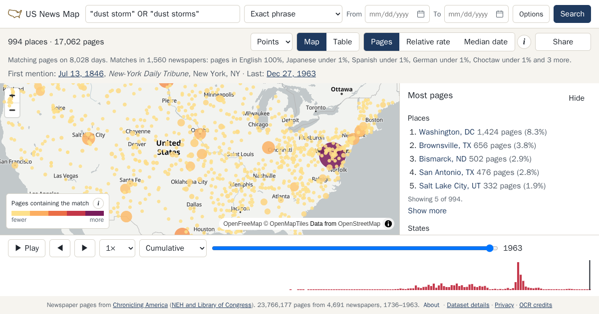 Map and timeline of newspaper matches for "dust storm" OR "dust storms"