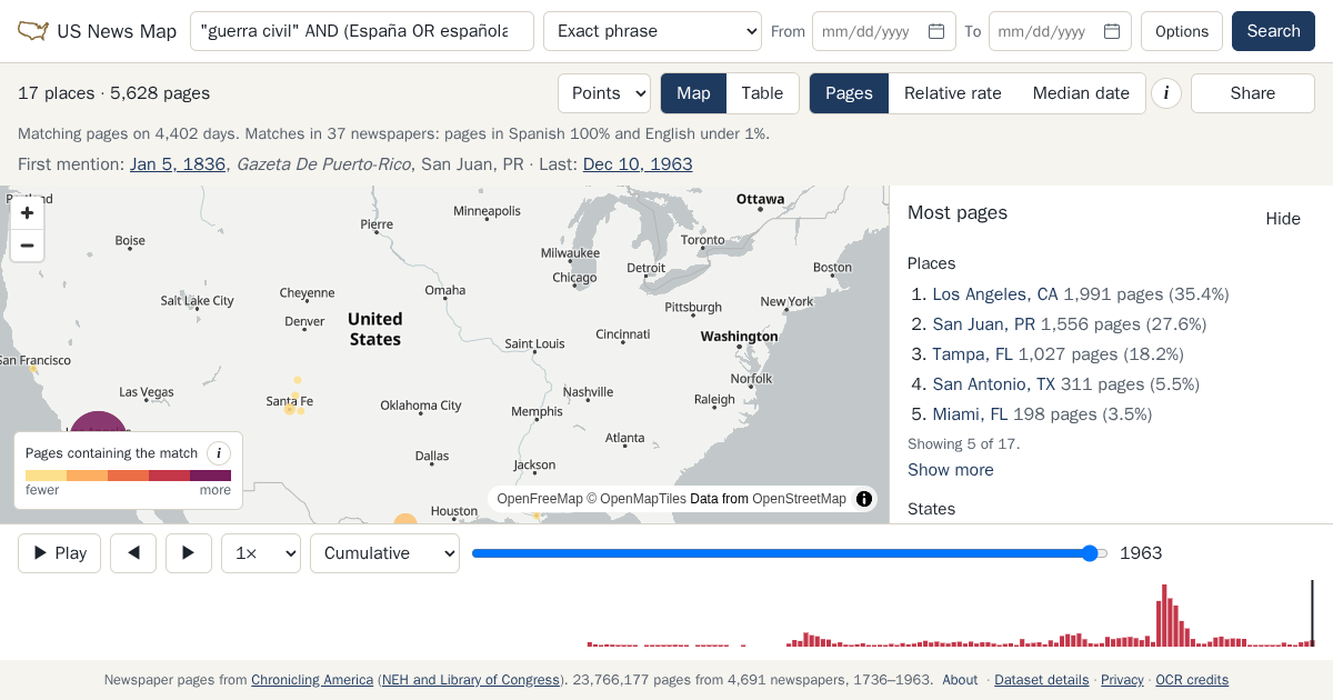 Map and timeline of newspaper matches for "guerra civil" AND (España OR española)