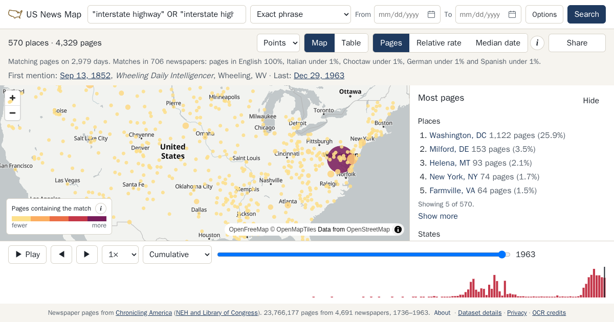 Map and timeline of newspaper matches for "interstate highway" OR "interstate highways"