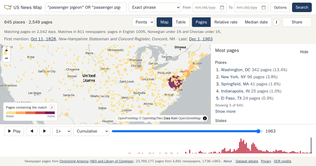 Map and timeline of newspaper matches for "passenger pigeon" OR "passenger pigeons"