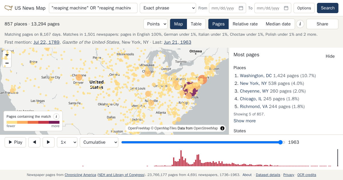 Map and timeline of newspaper matches for "reaping machine" OR "reaping machines"