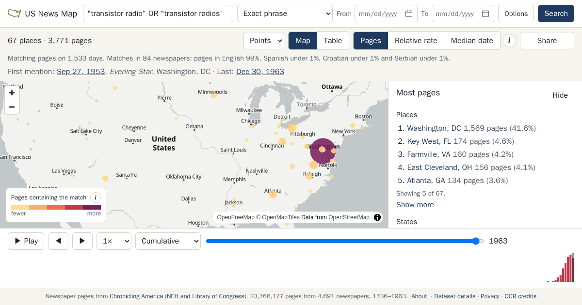 Map and timeline of newspaper matches for "transistor radio" OR "transistor radios"