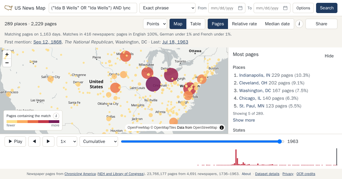 Map and timeline of newspaper matches for ("Ida B Wells" OR "Ida Wells") AND lynch*