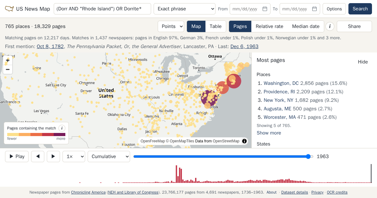 Map and timeline of newspaper matches for (Dorr AND "Rhode Island") OR Dorrite*