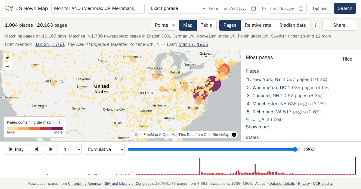 Map and timeline of newspaper matches for Monitor AND (Merrimac OR Merrimack)