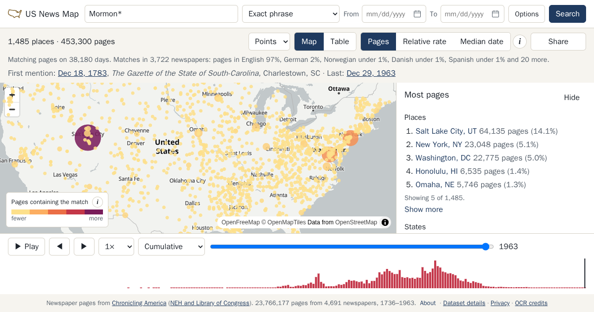 Map and timeline of newspaper matches for Mormon*
