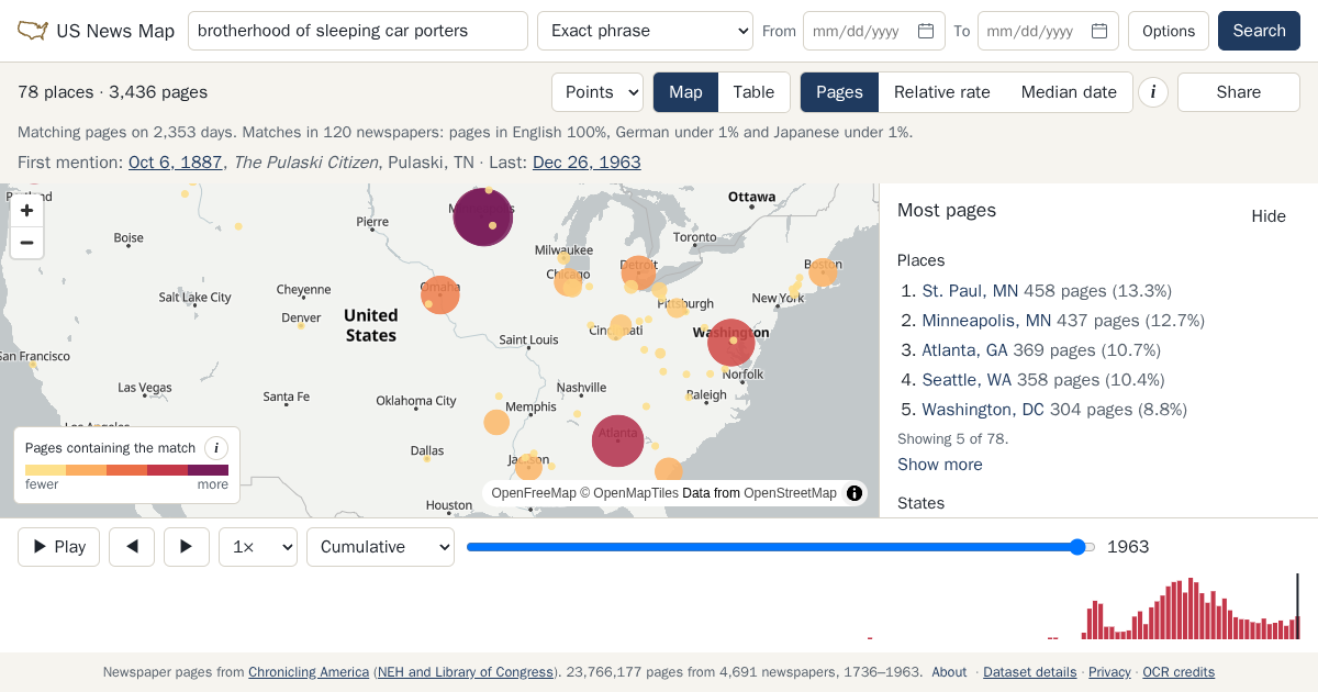 Map and timeline of newspaper matches for brotherhood of sleeping car porters