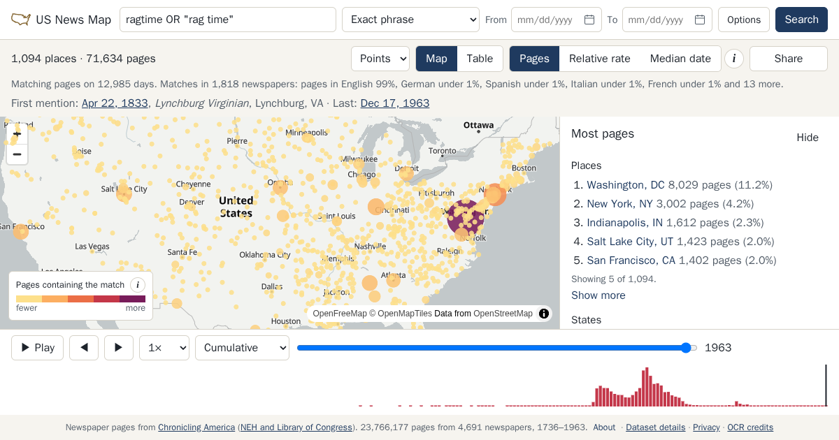 Map and timeline of newspaper matches for ragtime OR "rag time"