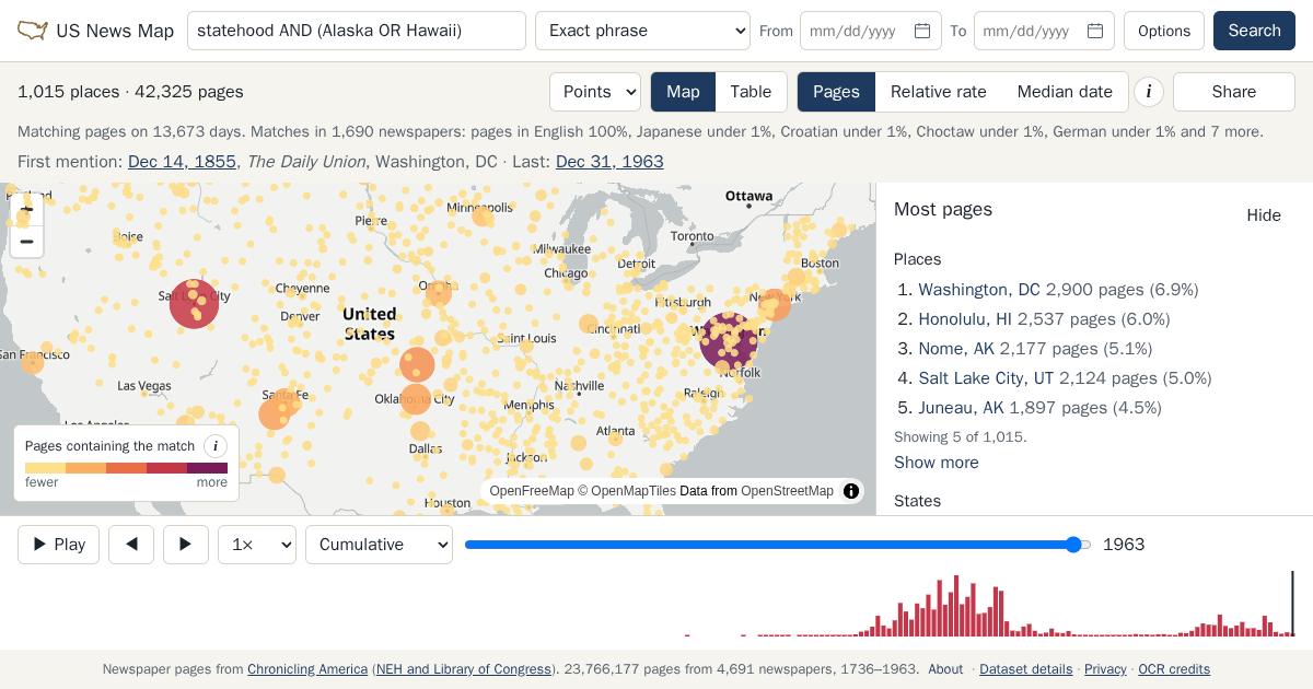 Map and timeline of newspaper matches for statehood AND (Alaska OR Hawaii)